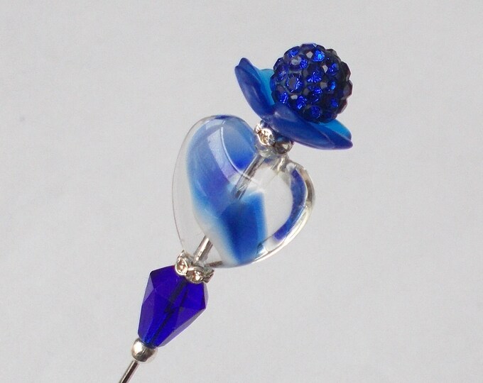 Hatpin - Dark Blue Swirl Glass Heart Bead / Silver Coloured Findings / 6 inch Handmade 1mm Diameter Steel Hatpin / Hat Pin