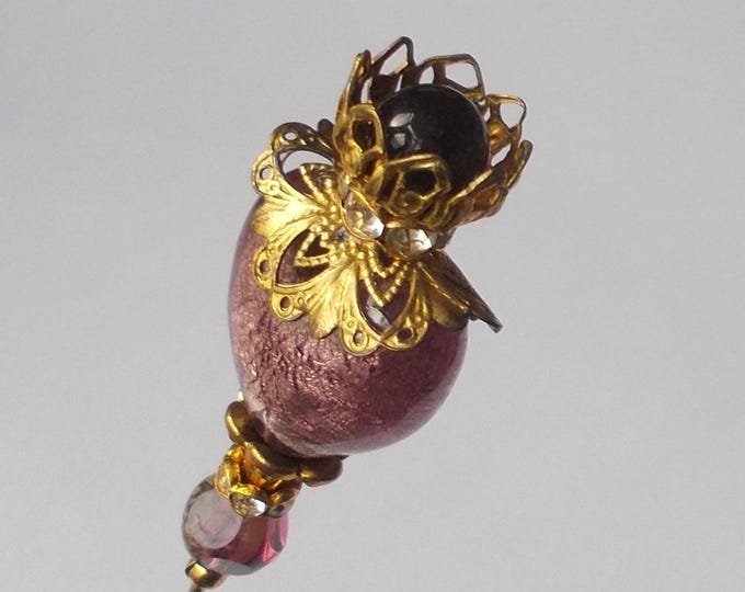 Hatpin - Light Amethyst Heart Glass Bead & Vintage Brass Finding 6.5 inch Handmade Hatpin / 1.2mm Diameter Steel Hat Pin - Gift for Her
