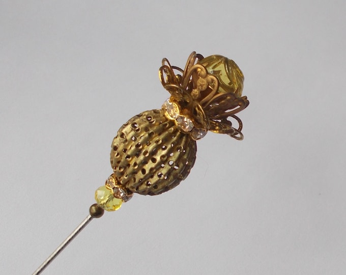 Hatpin - Stunning Yellow Seed Pod Inspired Vintage Finding 6.5 inch Handmade Hatpin / 1.2mm Diameter Steel Hat Pin - Gift for Her