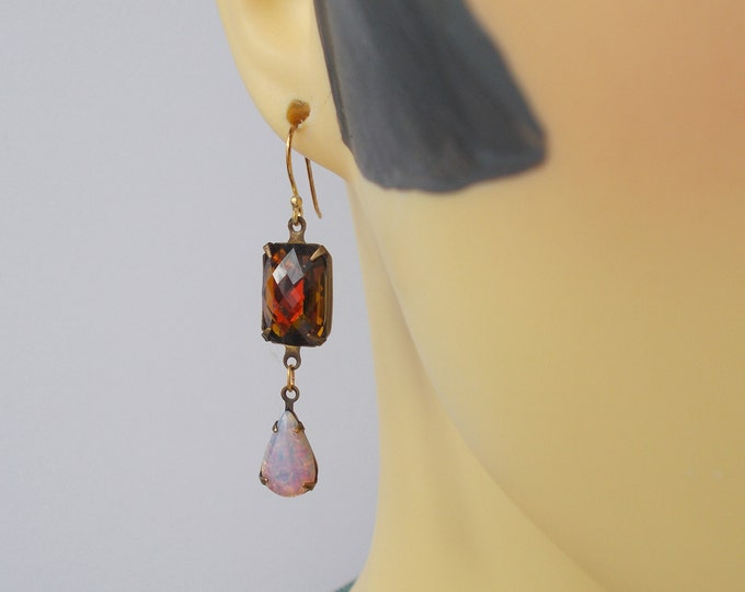 Earrings - Vintage Brown & Pink Rhinestone Earrings with Gold Vermeil Ear Hooks - Gift for Her