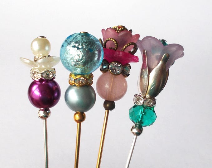 4 x Pretty Faux Pearl / Glass / Lucite Bead 3 inch Handmade Hijab / Lapel Pin / Dividers for Lace Makers / Veil Pin / Hat Pin / Hatpin