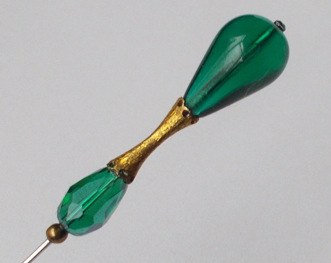 Hatpin - Pretty Emerald Green Glass Bead & Vintage Finding 5 inch Handmade 1mm Steel Hatpin / Hat Pins