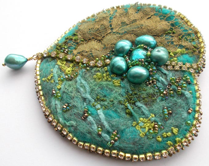 Brooch - Handmade Felted Brooch with Hand Embroidery, Baroque Pearls and Hand Beading - Vintage Gold Lace - Gold Coloured Pin.