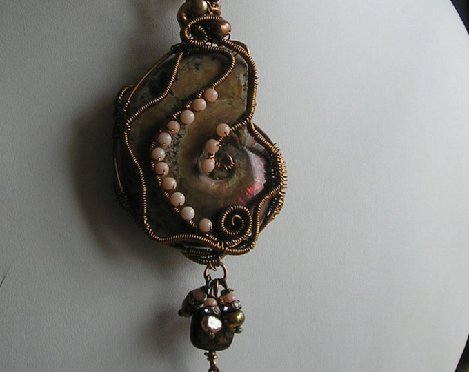 Pendant - Ammonite and Coral Handmade Artisan Wire Wrapped Festival Pendant with Freshwater Pearls and Bronzite Beads - Gift for Her