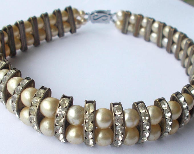 Vintage Faux Pearl and Diamante Choker Necklace