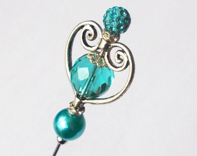 Hatpin - Silver Colour Heart / Blue Glass and Faux Pearl Bead Mix 4.75 inch Handmade 1mm Diameter Steel Hatpin / Hat Pin