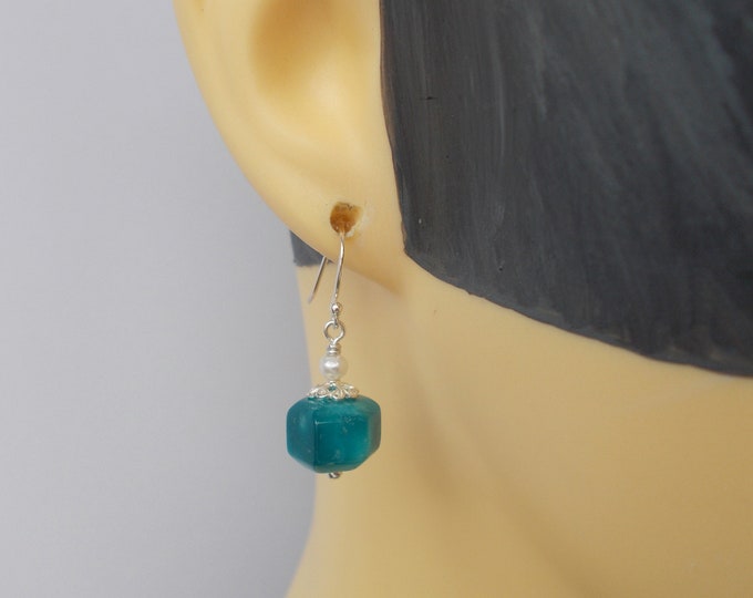 Earrings - Dark Blue Opal and Freshwater Cultured Pearl 925 Sterling Silver Handmade Earrings - Gift for Her