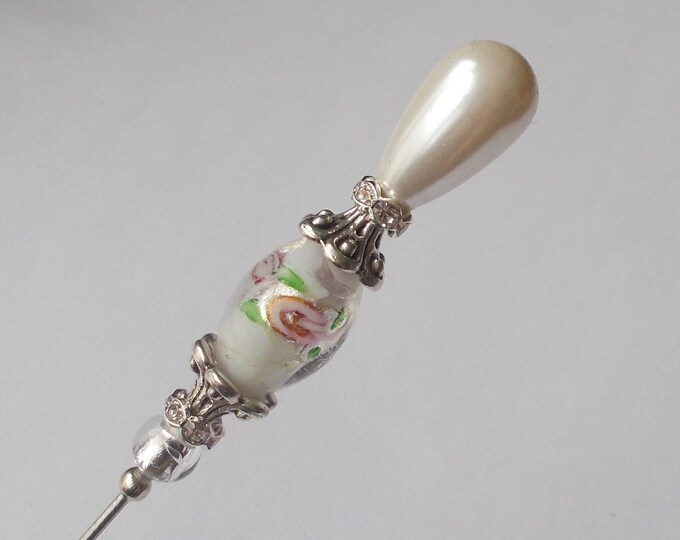 Hatpin - Handmade White Faux Pearl and Glass Bead Silver Coloured Finding 6.5 inch Steel 1.2mm Hatpin / Hat Pin