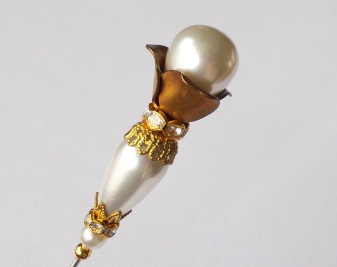 Hatpin - White Faux Pearl and Vintage Gold Coloured Finding 5.25 inch Handmade 1.2mm Diameter Steel Hatpin / Hat Pin