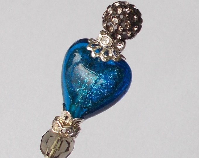 Hatpin - Pretty Blue Glitter Glass Heart Bead & Rhinestone Silver Coloured Finding 5.25 inch Handmade Hatpin / 1.2mm Diameter Steel Hat Pin