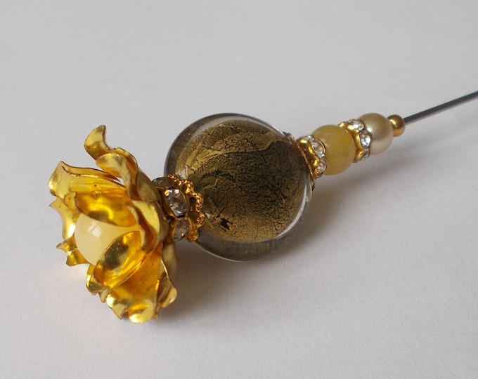 Hatpin - Pretty Yellow / Gold Foil Mix Glass & Brass Rose Finding 6.75 inch Handmade Hatpin / 1.2mm Diameter Steel Hat Pin - Gift for Her