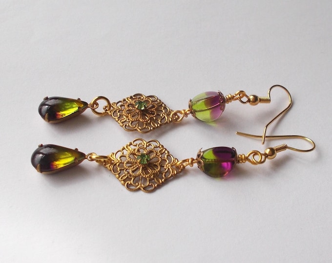 Earrings - Handmade Victorian Style Vintage Glass Beads and Rhinestones - Brass Findings