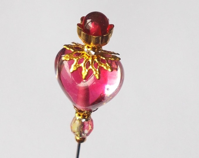 Hatpin - Limited Edition Pink Heart Glass - 7 Inches Long - 1mm Diameter Steel Pin.