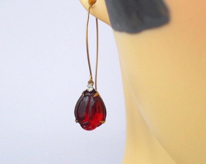 Vintage Red Scarab Glass Earrings: Brass & Rhinestone Dangle Earrings