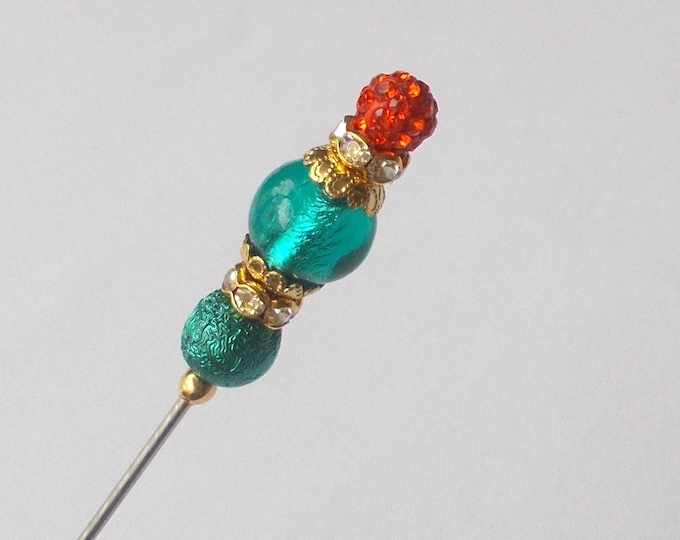 Handmade Glass Bead Hatpin: Orange & Green Vintage Style, 5 inch