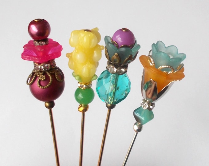 Handmade Beaded Hat Pins: Faux Pearl, Glass, Lucite - Set of 4