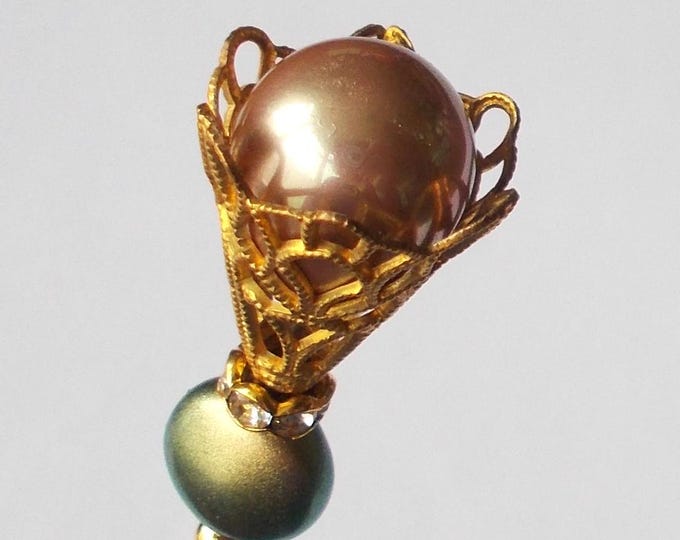 Hatpin - Champagne and Green Faux Pearl with Antique Gold Coloured Filigree 5.25 inch Handmade 1.2mm Diameter Steel Hatpin / Hat Pin