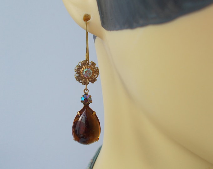 Earrings - Vintage Faux Tortoise Glass Rhinestones and Vintage Brass Finding Earrings - Gift for Her