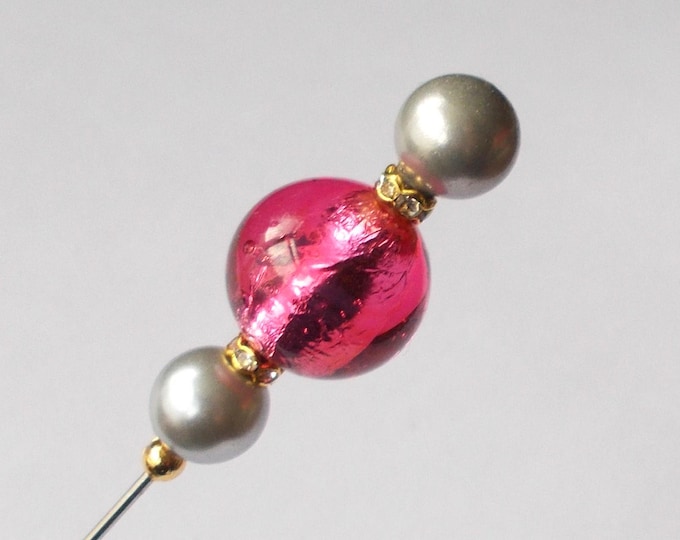 Hatpin - Venetian Pink Foil Glass and Grey Faux Pearl Bead 6.25 inch Handmade 1mm Diameter Steel Hatpin / Hat Pin