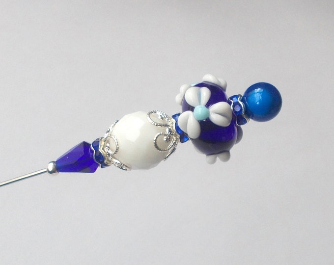 Hatpin - Cobalt Blue and White Mix Glass Bead / Silver Coloured Finding 7.25 inch Handmade Hatpin / 1mm Steel Hat Pin - Gift for Her