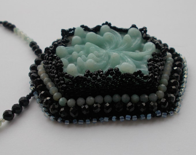 Necklace - Carved Amazonite and Black Spinel Large Flower Bead Work Art Deco Inspired Pendant Necklace - Gift for Her