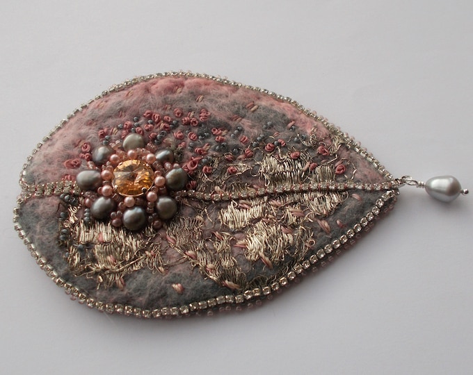 Brooch - Regency / Tudor Inspired Grey / Pink Felted Textile Large Leaf Brooch with Grey Pearls / Embroidery / Beadwork / Rhinestones