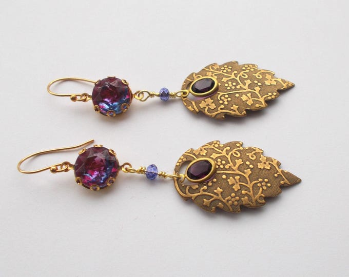 Art Deco Purple Glass Earrings: Handmade Brass Leaf Dangle Earrings