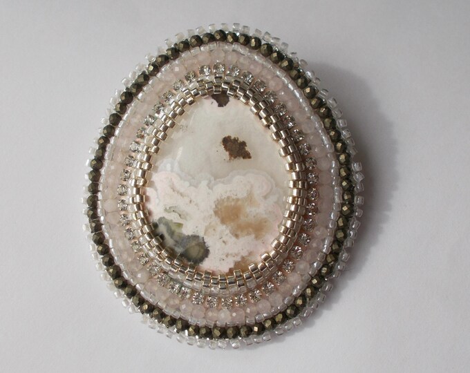 Brooch - Pale Pink Agate Handmade Brooch with Rose Quartz / Haematite / Seed Beads and Rhinestones