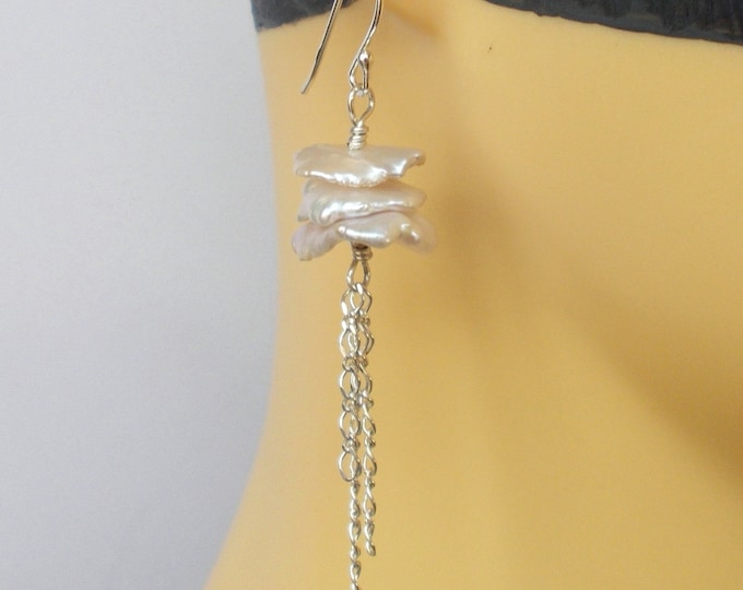 Earrings - Pretty Iridescent Keshi Pearl and 925 Sterling Silver Tassel Handmade Artisan Earrings - Gift for Her