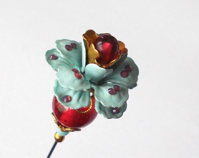 Hatpin - Pretty Pale Blue Metal Flower & Pink Glass Beads / Gold Coloured Finding 5.25 inch Handmade Hatpin / 1mm Diameter Steel Hat Pin