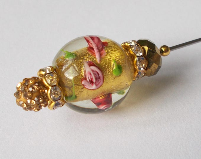 Hatpin - Large Gold Foil and Pink Flower Mix Glass & Gold Coloured Finding 6.75 inch Handmade Hatpin / 1.2mm Diameter Steel Hat Pin