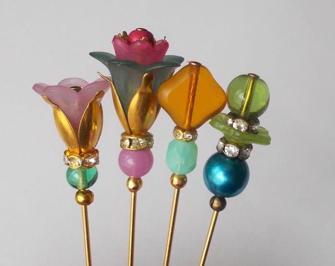 4 x Pretty Faux Pearl / Glass / Lucite Bead 3 inch Handmade Hijab / Lapel Pin / Dividers for Lace Makers / Veil Pin / Hat Pin / Hatpin