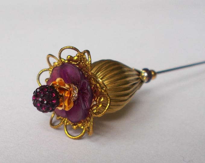 Handmade Purple Glass Hatpin: Vintage Brass Filigree (6.25 inch)