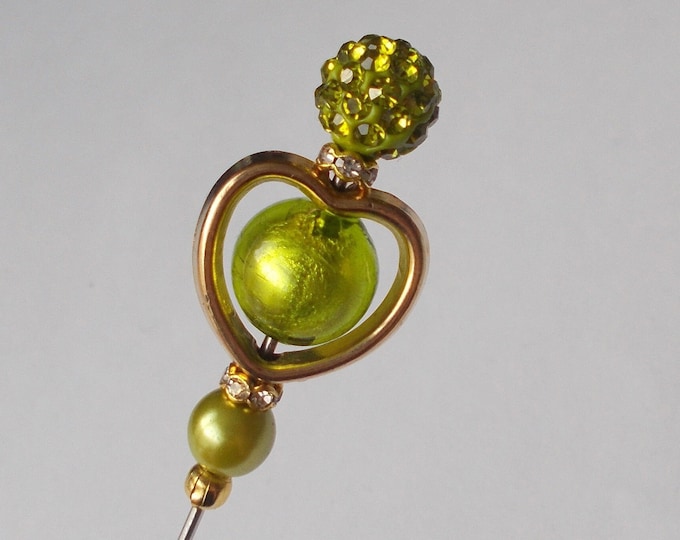Hatpin - Gold Colour Heart / Green Glass Bead Mix 5 inch Handmade Hat Pin 1mm Diameter Steel Hatpin / Hat Pins