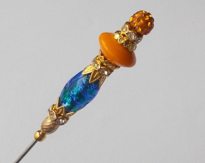 Hatpin - Striking Orange / Blue Foil Glass Bead Mix 5.25 inch Handmade 1.2mm Diameter Steel Hatpin / Hat Pin / Hat Pins
