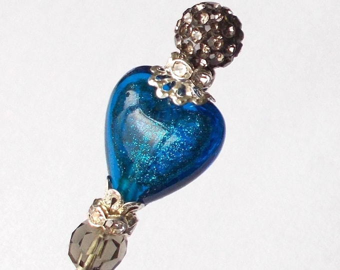 Blue Glitter Heart Hatpin: Handmade Rhinestone Steel Pin (5.25 inch)