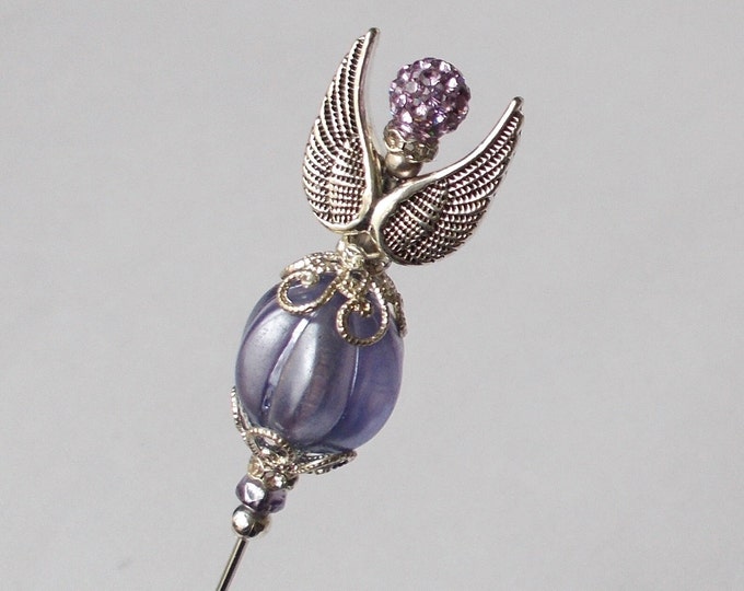 Hatpin - Lovely Lilac Glass Mix Silver Coloured Angel 6.25 inch Handmade Vintage / Antique Style Hatpin / 1mm Diameter Steel Hat Pin