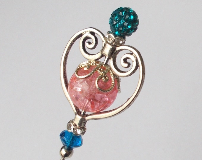 Hatpin - Silver Colour Heart / Blue and Peack Glass Bead Mix 5.25 inch Handmade 1mm Steel Hatpin / Hat Pin / Hat Pins