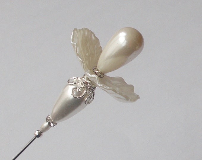 Hatpin - White Faux Pearl Flower and Silver Coloured Filigree 6.55 inch Handmade 1mm Steel Hatpin / Hat Pin