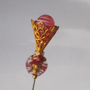 Hatpin - Pink glass and Antique Gold Coloured Filigree 6.5 inch Handmade 1.2mm Diameter Steel Hatpin / Hat Pin