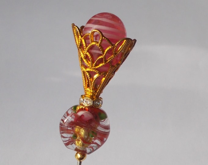 Hatpin - Pink glass and Antique Gold Coloured Filigree 6.5 inch Handmade 1.2mm Diameter Steel Hatpin / Hat Pin