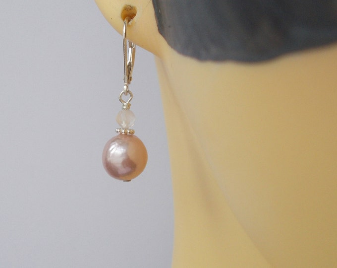 Earrings - Stunning Natural Pink Metallic Nucleated Pearl & Rose Quartz 925 Sterling Silver Handmade Lever Hook Earrings - Wedding