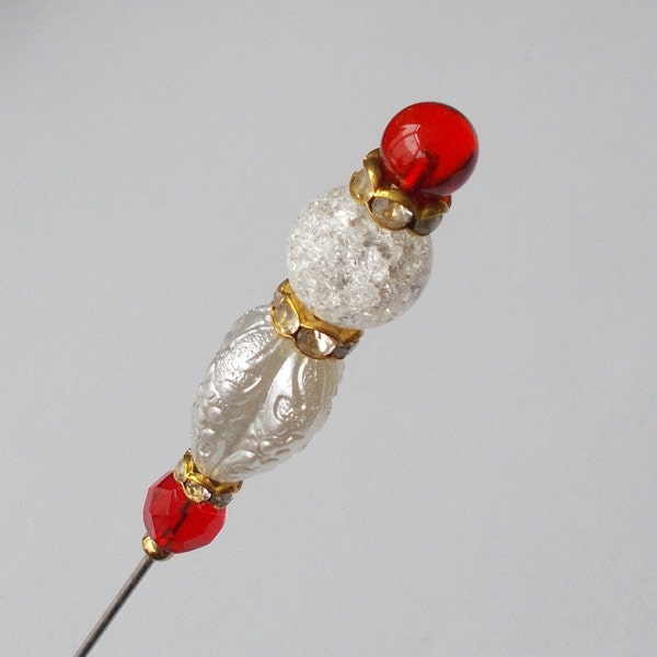 Pretty White / Red Mix Glass / Lucite Bead Gold Coloured Finding 7 inch Handmade 1.2mm Hatpin / Hat Pin