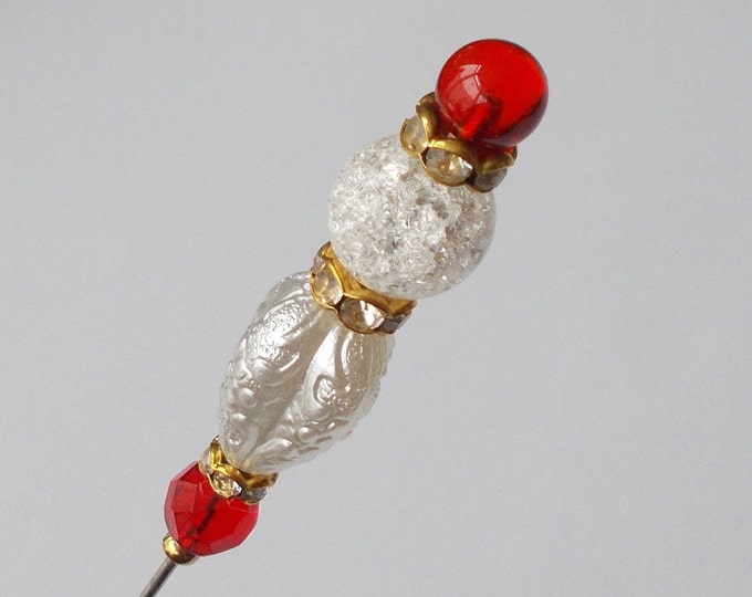 Hatpin - Pretty White / Red Mix Glass / Lucite Bead Gold Coloured Finding 7 inch Handmade 1.2mm Hatpin / Hat Pin