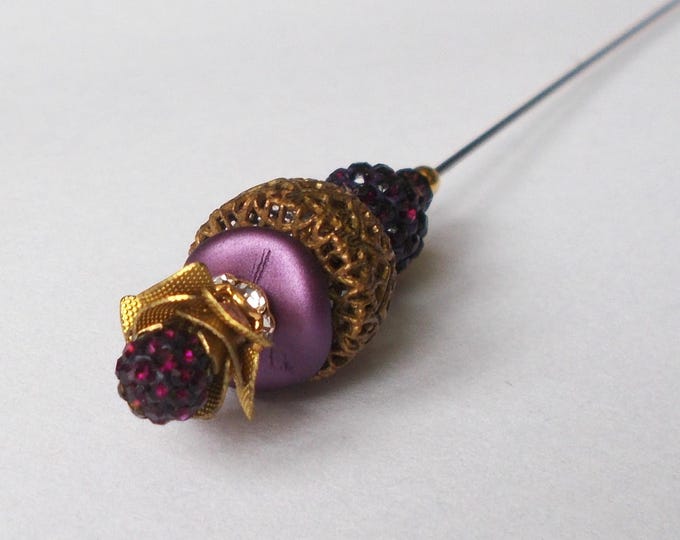 Handmade Purple Glass Hatpin: Vintage Brass Filigree (6.25 inch)
