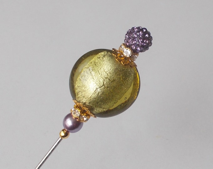 Hatpin - Pale Green / Lilac Glass Bead & Gold Coloured Finding 6 inch Handmade Hatpin / 1.2mm Diameter Steel Hat Pin - Gift for Her
