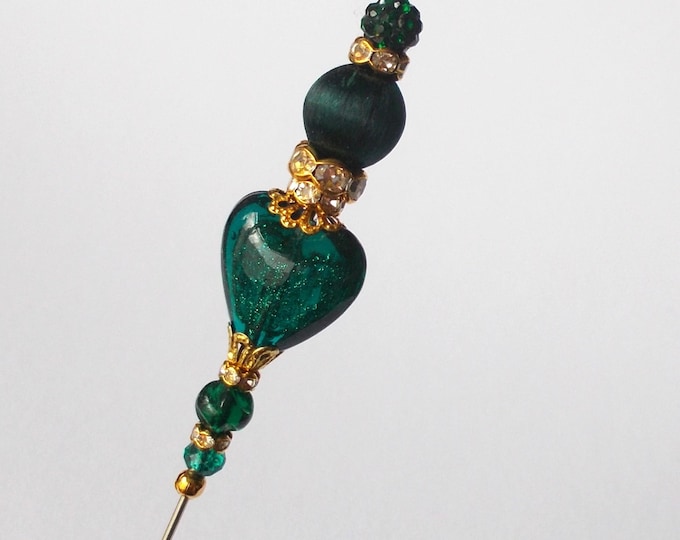 Hatpin - Handmade Dark Green Mix Glass Bead 7 inch Hatpin / 1mm Diameter Steel Pin