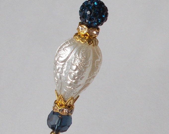 Hatpin - White Faux Pearl / Montana Blue Glass Bead Hat Pin with Gold Coloured Findings 5 inch Handmade 1.2mm Diameter Steel Hat Pin