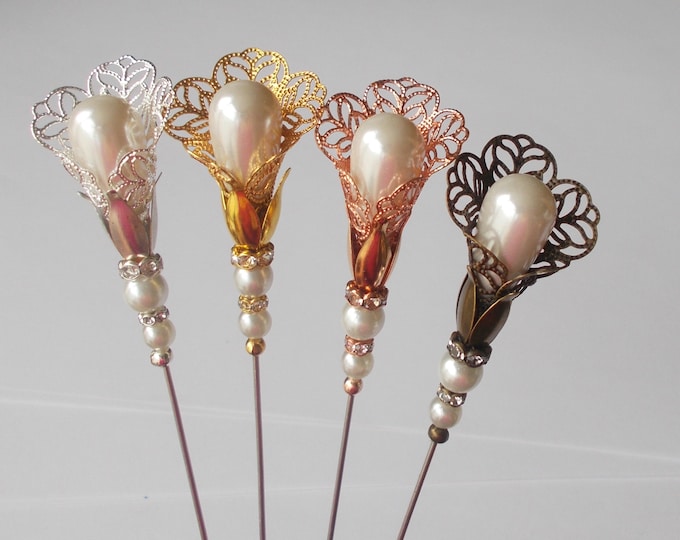 Hatpin - Choice of Coloured Filigree Finding and White Faux Pearl Handmade 6.5 inch Hatpin/ 1mm Diameter Steel Hat Pin /Hatpins Gift for Her