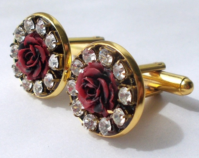 Cufflinks - Red Rose and Rhinestone Lightweight Cuff links with Gold Coloured Base and Backs